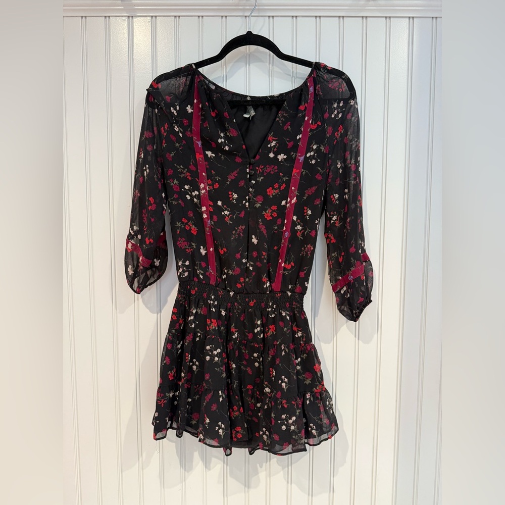 Joie Black and Red Ruffled Tie Front Mini Dress